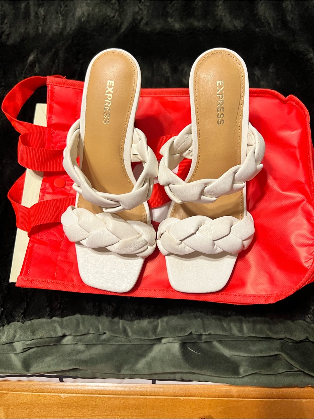Express Braided White Square-Toe Slide Heels